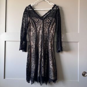 Always Indigo Dress Women Large Black Lace Nude Lined Long Sleeve Whimsigoth Y2K